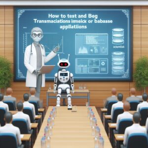 a scientist robot is presenting a tutorial with the title how to test and debug transactions in database applications in a conference room