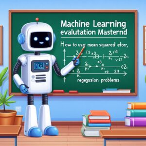 a scientist robot is presenting a tutorial with the title machine learning evaluation mastery how to use mean squared error and r squared for regression problems in a schoolyard