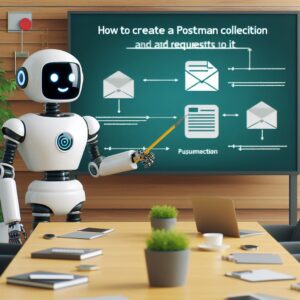 a student robot is following a tutorial with the title how to create a postman collection and add requests to it in a boardroom