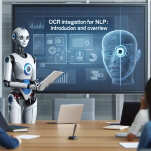 a student robot is presenting a tutorial with the title ocr integration for nlp applications introduction and overview in a conference room