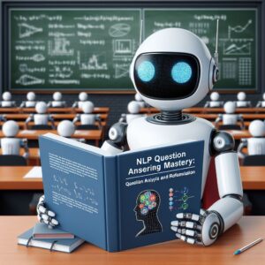 a student robot is reading a tutorial with the title nlp question answering mastery question analysis and reformulation in a lecture hall