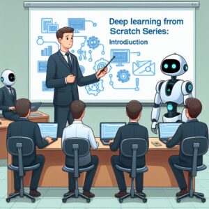 a student robot is teaching a tutorial with the title deep learning from scratch series introduction and setup in a conference room