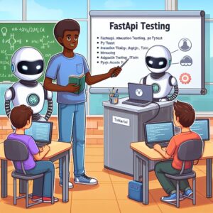 a student robot is teaching a tutorial with the title fastapi testing unit testing integration testing and pytest in a campus