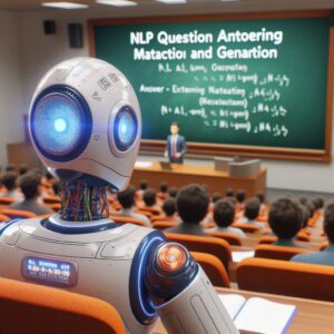 a student robot is watching a tutorial with the title nlp question answering mastery answer extraction and generation in a lecture hall