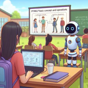 a student robot is watching a tutorial with the title pytorch for nlp basic concepts and operations in a schoolyard
