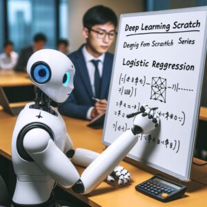 a student robot is writing a tutorial with the title deep learning from scratch series logistic regression with tensorflow in a conference room