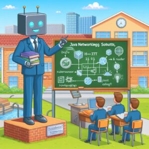 a businessman robot is designing a tutorial with the title java networking sockets url and http in a schoolyard
