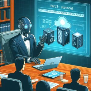 a businessman robot is designing a tutorial with the title part 2 setting up graylog server and web interface in a conference room