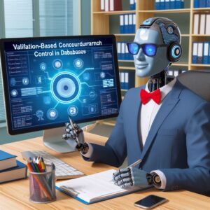 a businessman robot is designing a tutorial with the title validation based concurrency control in databases in a study room
