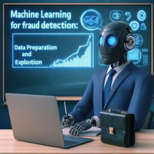 a businessman robot is implementing a tutorial with the title machine learning for fraud detection data preparation and exploration in a class
