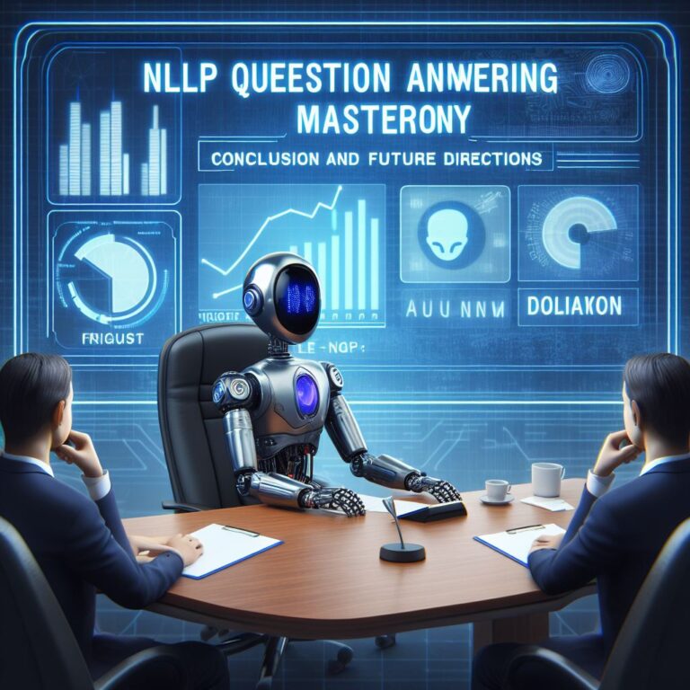 a businessman robot is implementing a tutorial with the title nlp question answering mastery conclusion and future directions in a boardroom