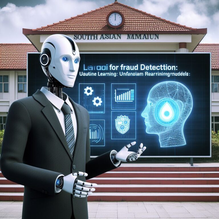 a businessman robot is presenting a tutorial with the title machine learning for fraud detection unsupervised learning models in a campus