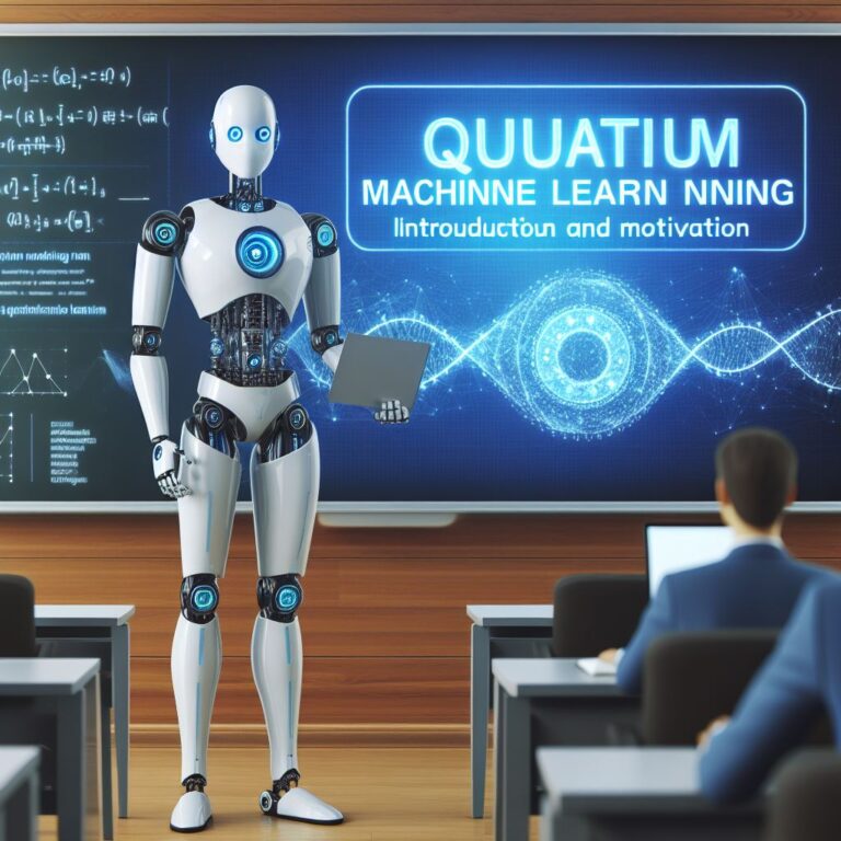 a businessman robot is presenting a tutorial with the title quantum machine learning fundamentals introduction and motivation in a lecture hall