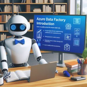 a businessman robot is publishing a tutorial with the title azure data factory introduction and overview in a study room