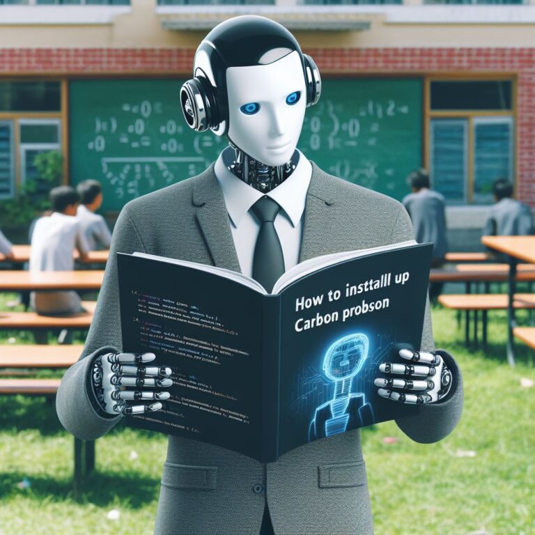 a businessman robot is reading a tutorial with the title how to install and set up carbon programming on your computer in a schoolyard