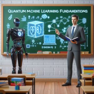 a businessman robot is teaching a tutorial with the title quantum machine learning fundamentals quantum machine learning applications and challenges in a schoolyard