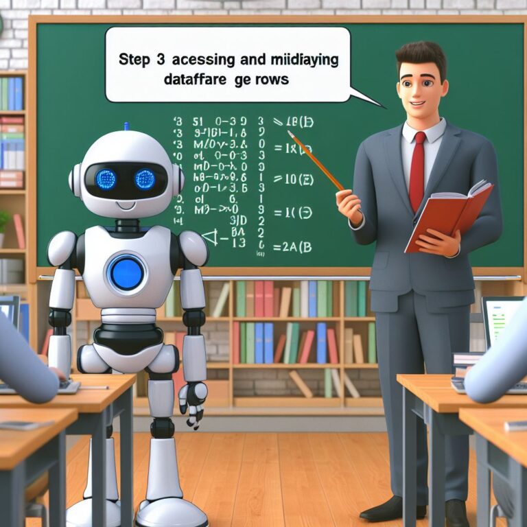 a businessman robot is teaching a tutorial with the title step 3 accessing and modifying dataframe rows in a campus