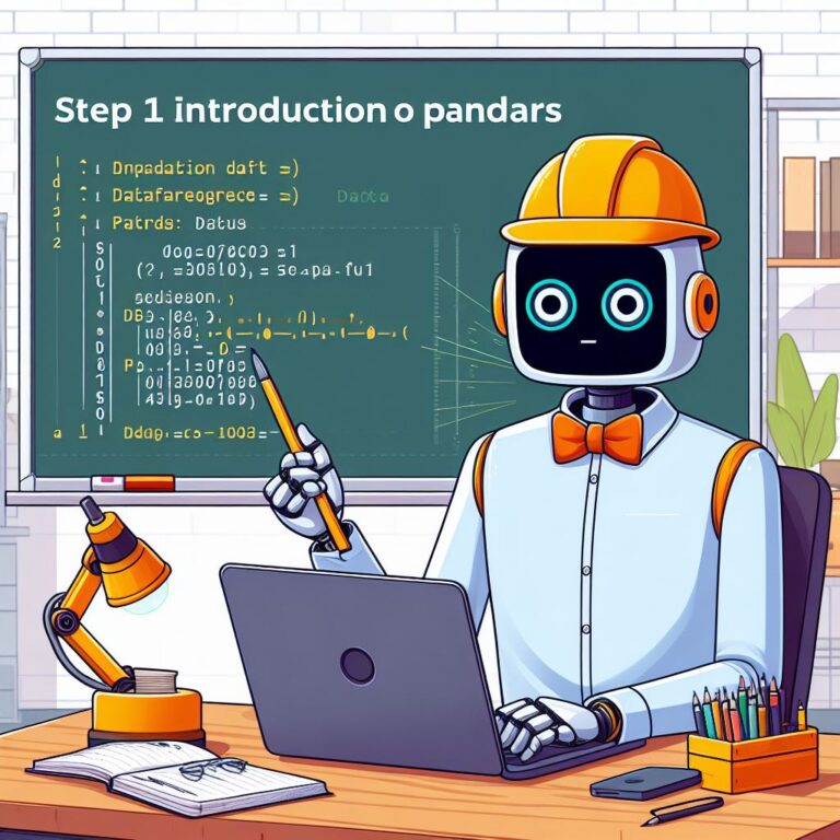 a engineer robot is designing a tutorial with the title step 1 introduction to pandas and dataframes in a class