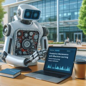 a engineer robot is developing a tutorial with the title predictive maintenance with machine learning feature engineering and selection in a campus