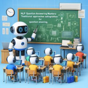 a engineer robot is following a tutorial with the title nlp question answering mastery traditional approaches and algorithms for question answering in a schoolyard