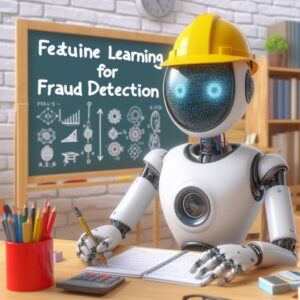 a engineer robot is publishing a tutorial with the title machine learning for fraud detection feature engineering and selection in a study room