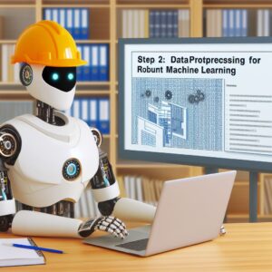 a engineer robot is publishing a tutorial with the title step 2 data preprocessing for robust machine learning in a conference room