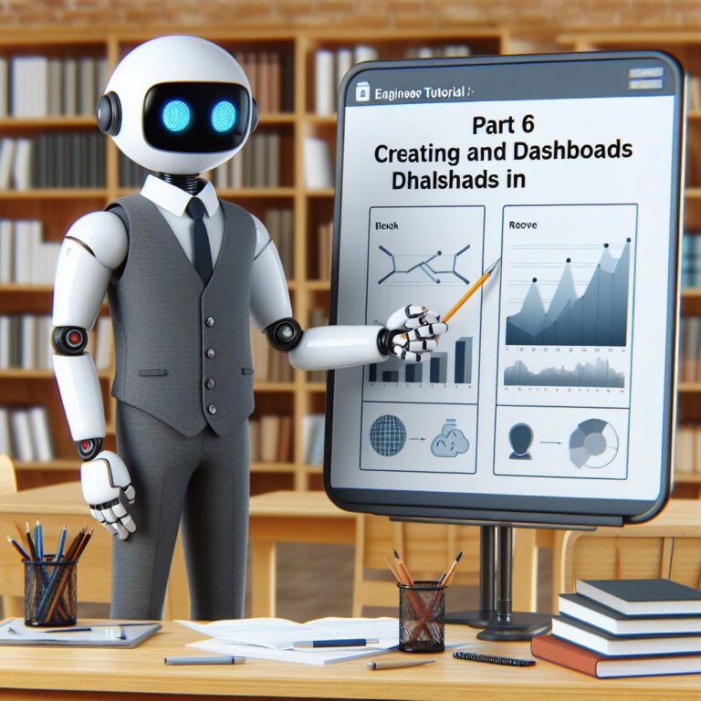 a engineer robot is teaching a tutorial with the title part 6 creating and managing dashboards in graylog in a study room