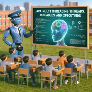 a engineer robot is watching a tutorial with the title java multithreading threads runnables and executors in a schoolyard