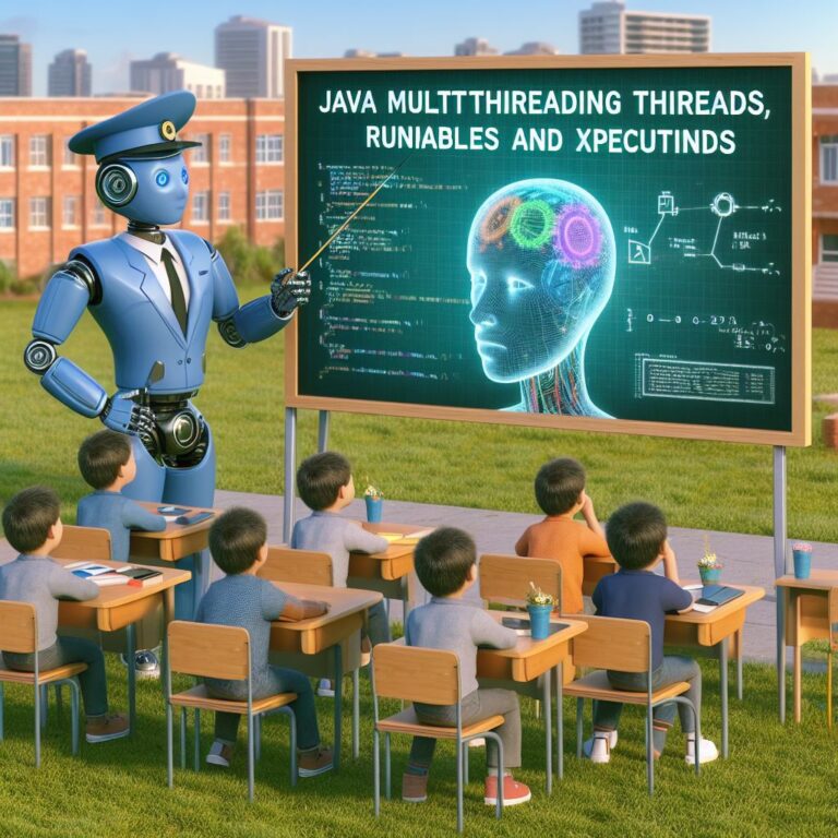 a engineer robot is watching a tutorial with the title java multithreading threads runnables and executors in a schoolyard