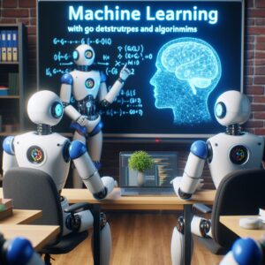 a engineer robot is watching a tutorial with the title machine learning with golang data structures and algorithms in a class