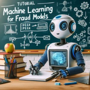 a engineer robot is writing a tutorial with the title machine learning for fraud detection deep learning models in a schoolyard