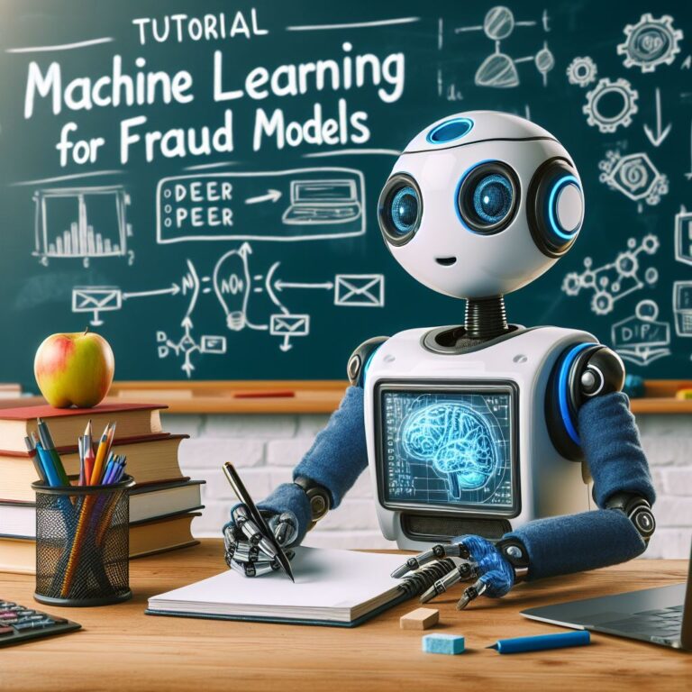 a engineer robot is writing a tutorial with the title machine learning for fraud detection deep learning models in a schoolyard