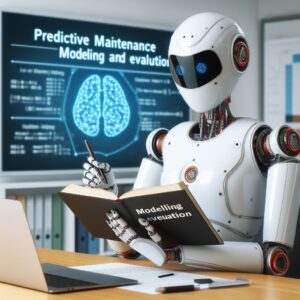 a engineer robot is writing a tutorial with the title predictive maintenance with machine learning modeling and evaluation in a study room