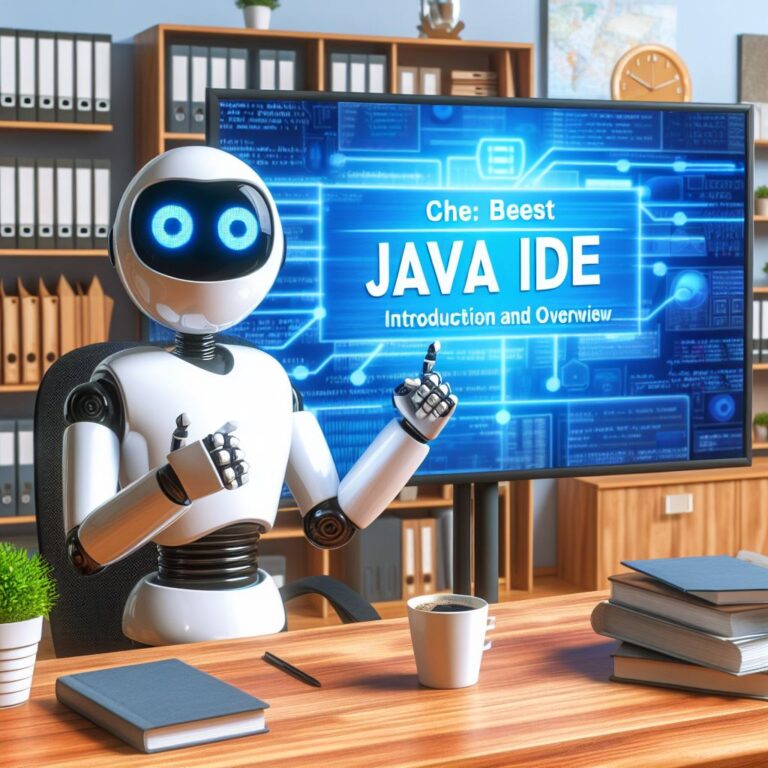 a entrepreneur robot is presenting a tutorial with the title choosing the best java ide guide introduction and overview in a office