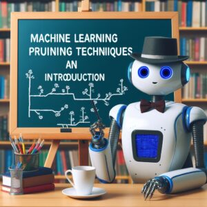 a entrepreneur robot is presenting a tutorial with the title machine learning pruning techniques an introduction in a library