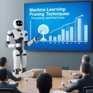 a entrepreneur robot is presenting a tutorial with the title machine learning pruning techniques pre pruning and post pruning in a conference room