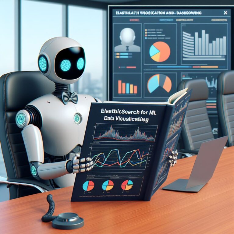 a entrepreneur robot is reading a tutorial with the title elasticsearch for ml data visualization and dashboarding in a boardroom