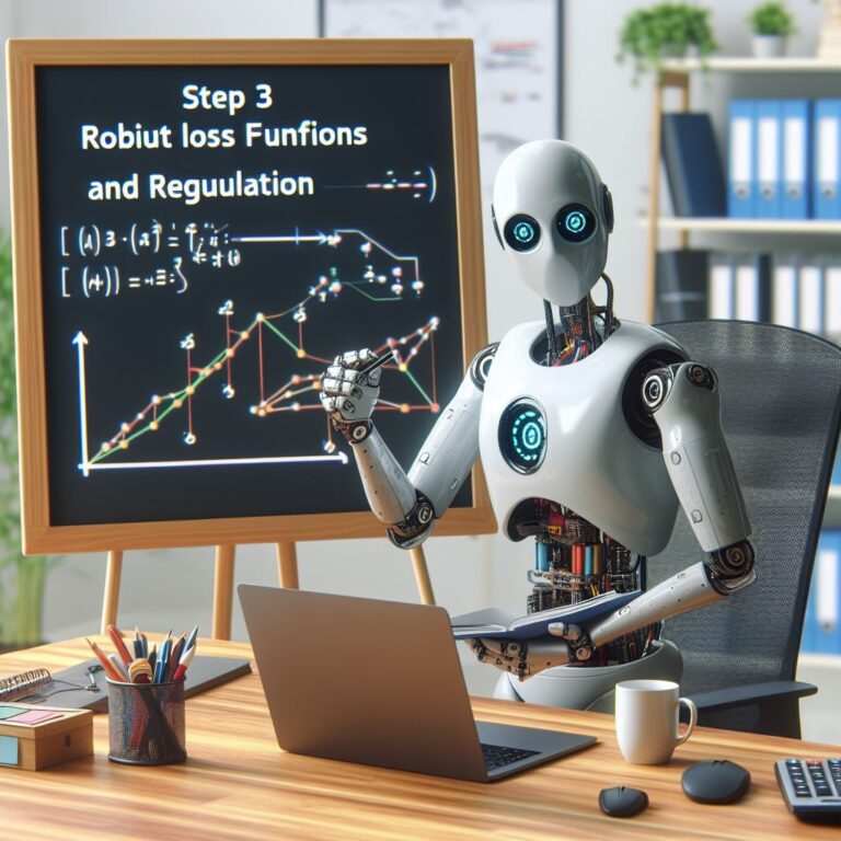 a entrepreneur robot is teaching a tutorial with the title step 3 robust loss functions and regularization in a office