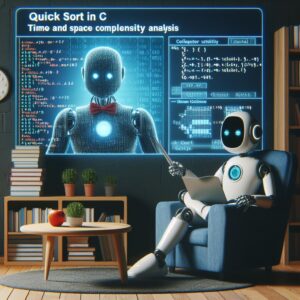 a entrepreneur robot is watching a tutorial with the title quick sort in c time and space complexity analysis in a study room