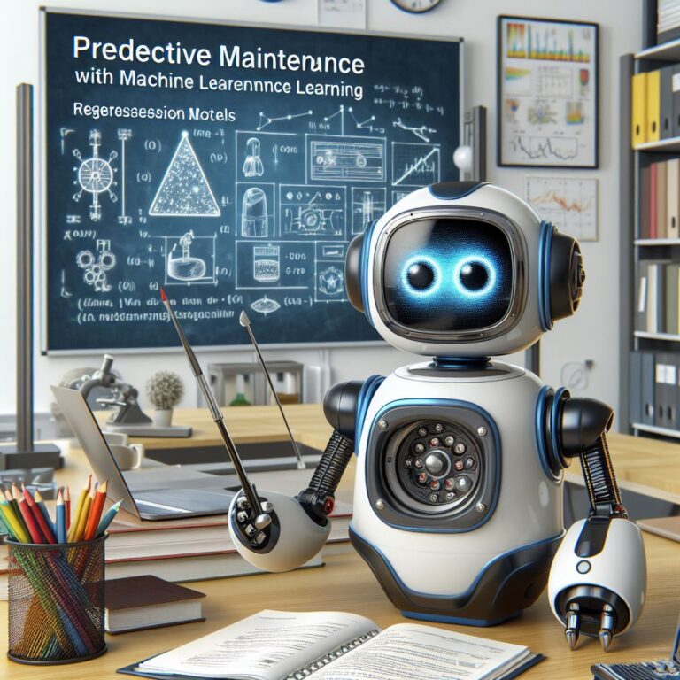 a explorer robot is designing a tutorial with the title predictive maintenance with machine learning regression models in a class