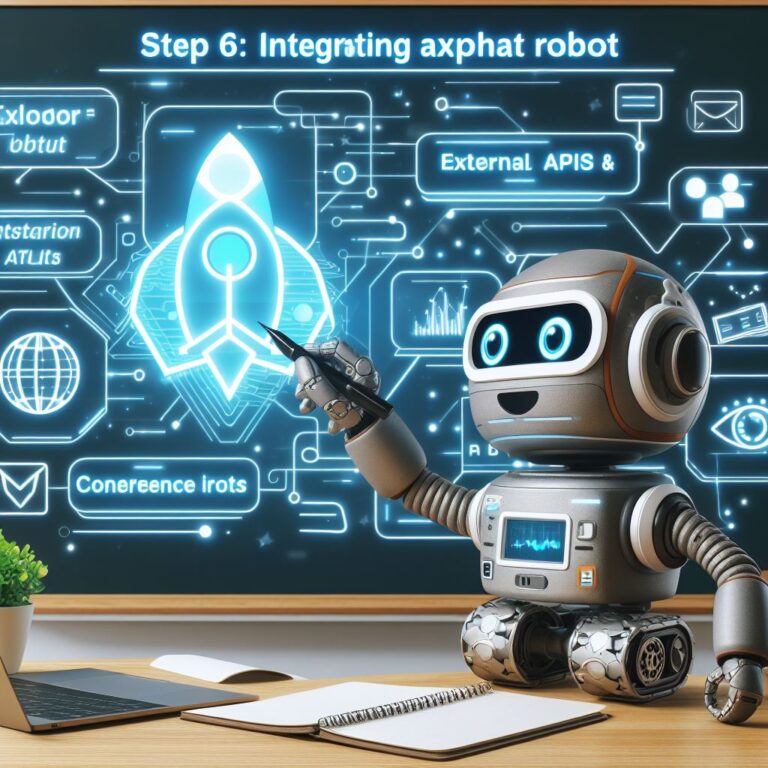 a explorer robot is designing a tutorial with the title step 6 integrating a chatbot with external apis and services in a conference room