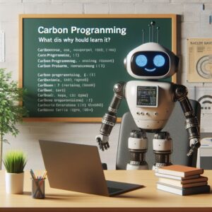 a explorer robot is following a tutorial with the title carbon programming what is it and why should you learn it in a boardroom