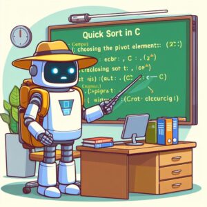 a explorer robot is teaching a tutorial with the title quick sort in c choosing the pivot element in a campus
