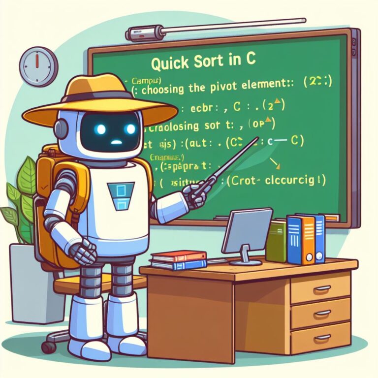 a explorer robot is teaching a tutorial with the title quick sort in c choosing the pivot element in a campus