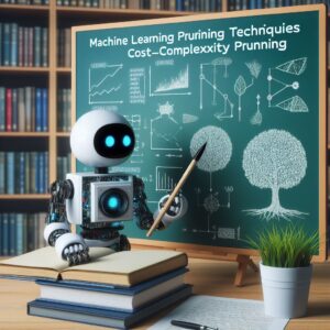 a explorer robot is writing a tutorial with the title machine learning pruning techniques cost complexity pruning in a library