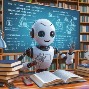a professor robot is designing a tutorial with the title how to test your postman collections using scripts and assertions in a library