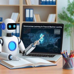 a professor robot is designing a tutorial with the title reinforcement learning for financial machine learning in a study room