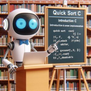 a professor robot is presenting a tutorial with the title quick sort in c introduction and basic implementation in a library