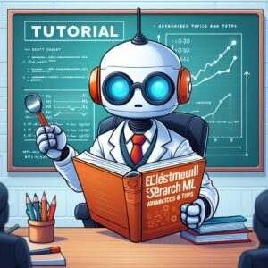 a professor robot is publishing a tutorial with the title elasticsearch for ml advanced topics and tips in a boardroom