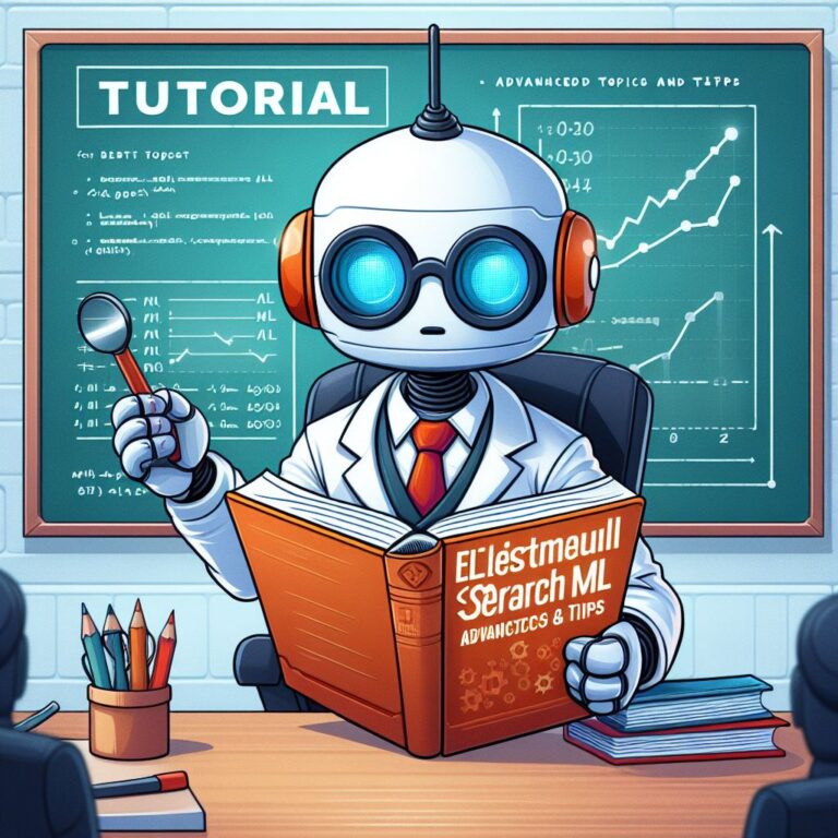 a professor robot is publishing a tutorial with the title elasticsearch for ml advanced topics and tips in a boardroom